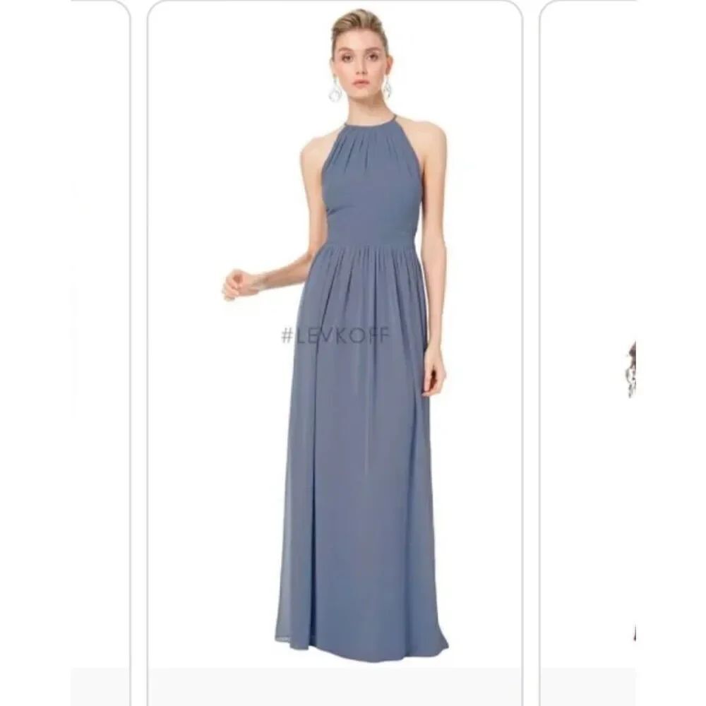 NWT Levkoff Dusty blue Long evening gown black tie bridesmaid gown open back sty